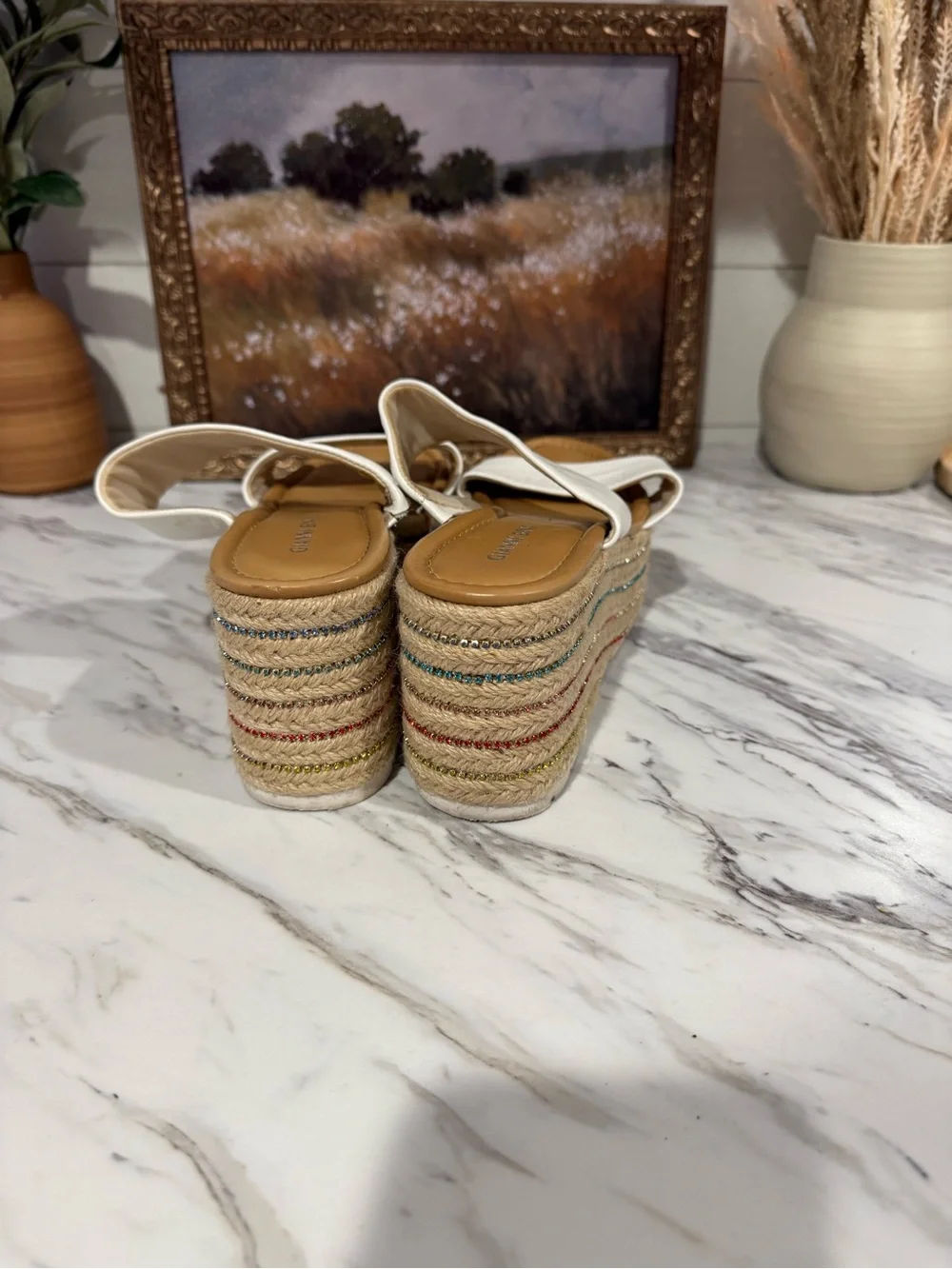 Gianni Bini White Espadrille Platform Slide Sandals with Multicolor Stripe Sole